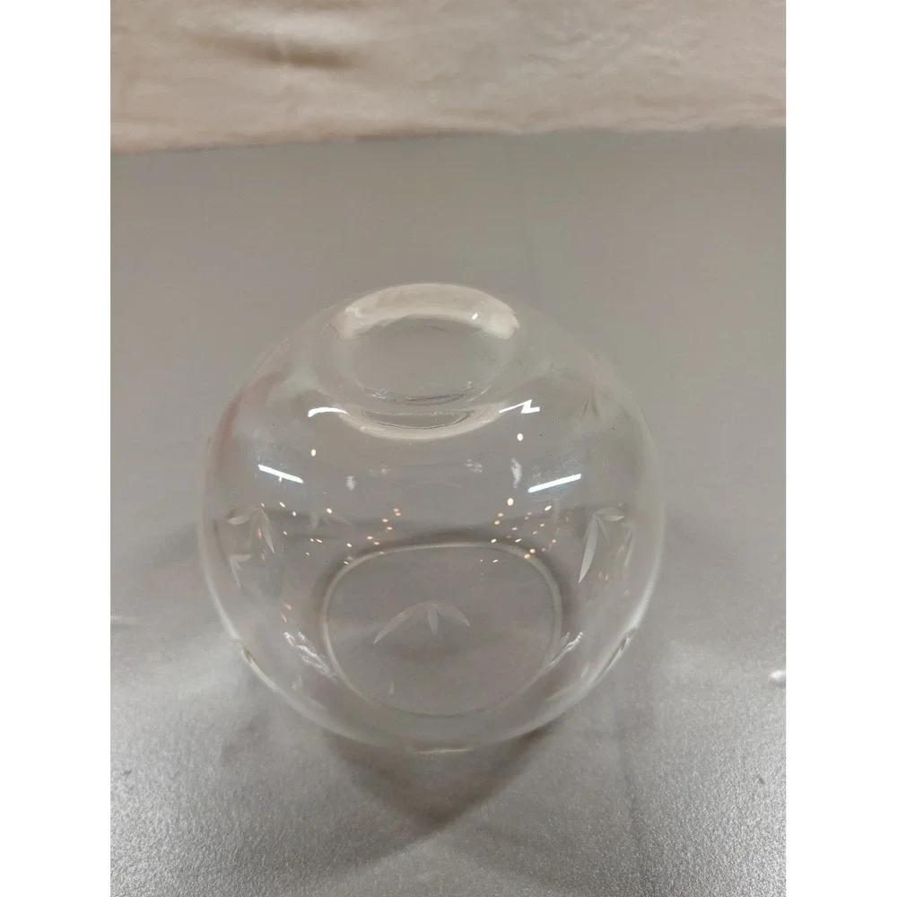 Vintage Etched Glass Rose Bowl Round Clear‎ Vase Wheat Leaf Pattern 4 Inch